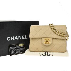 CHANEL CC Mini Matelasse Chain Shoulder Bag Leather Beige